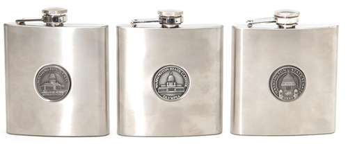 Stainless steel, hip flask with your choice of medallion 6oz.