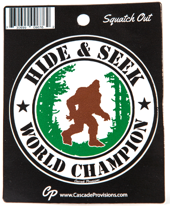 Bigfoot Hide and Seek Sticker, 3.75 inch round sticker