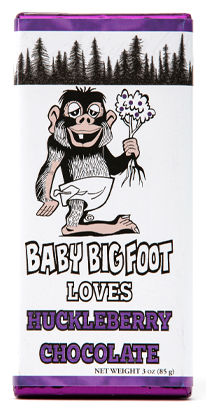 Solid Milk Chocolate Huckleberry Bar, Hand wrapped in a Baby Bigfoot wrapper, 3oz.