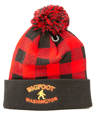 Bigfoot, Red and black plaid acrylic stocking hat with pom